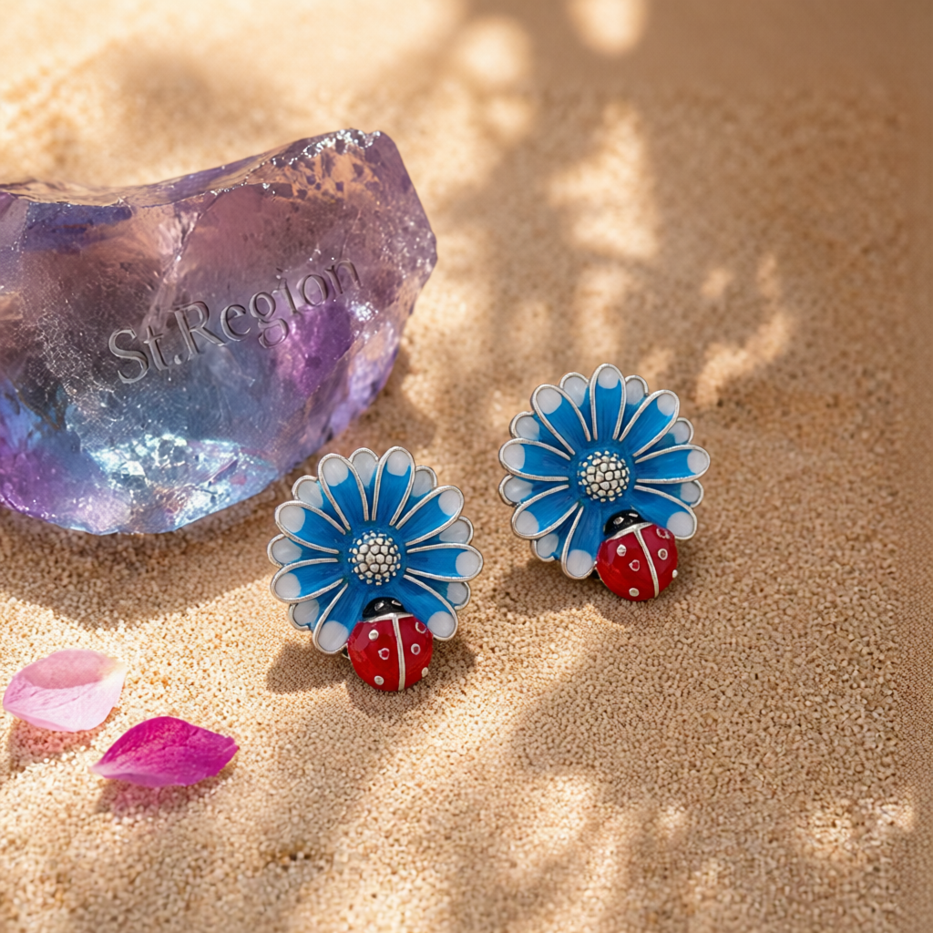 Blue Enamel & Silver-Plated Floral Ladybug Stud Earrings