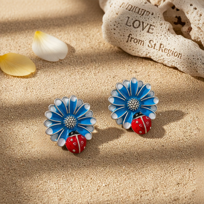 Blue Enamel & Silver-Plated Floral Ladybug Stud Earrings