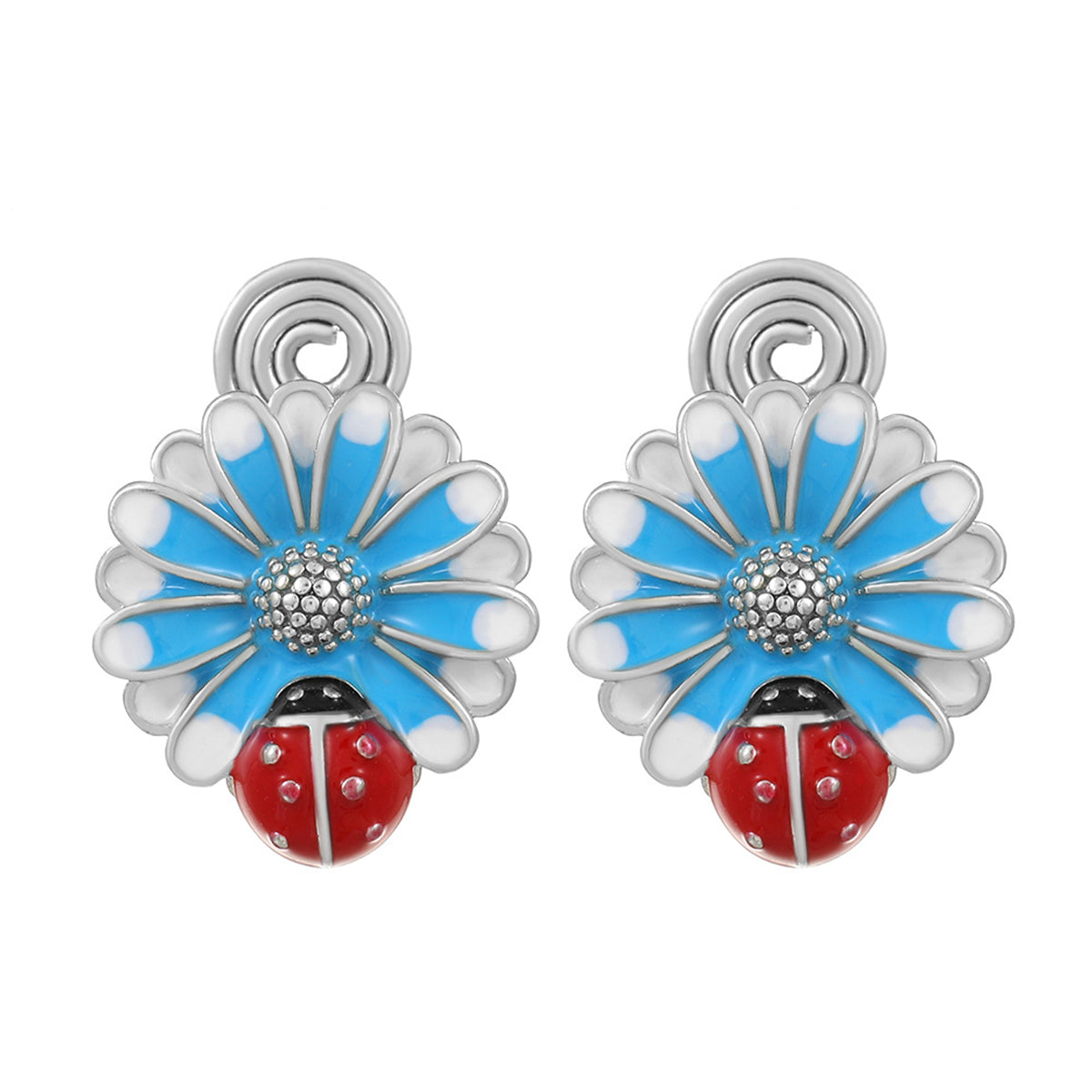 Blue Enamel & Silver-Plated Floral Ladybug Stud Earrings