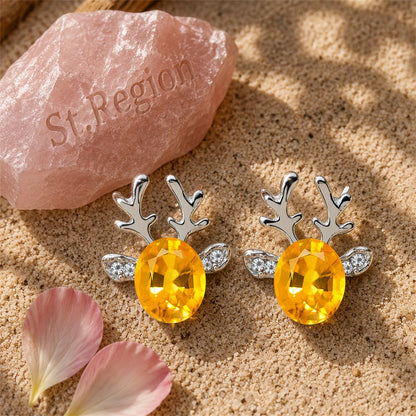 Yellow Crystal and Cubic Zirconia Reindeer Oval Stud Earrings, stud earrings for women, detail close-up
