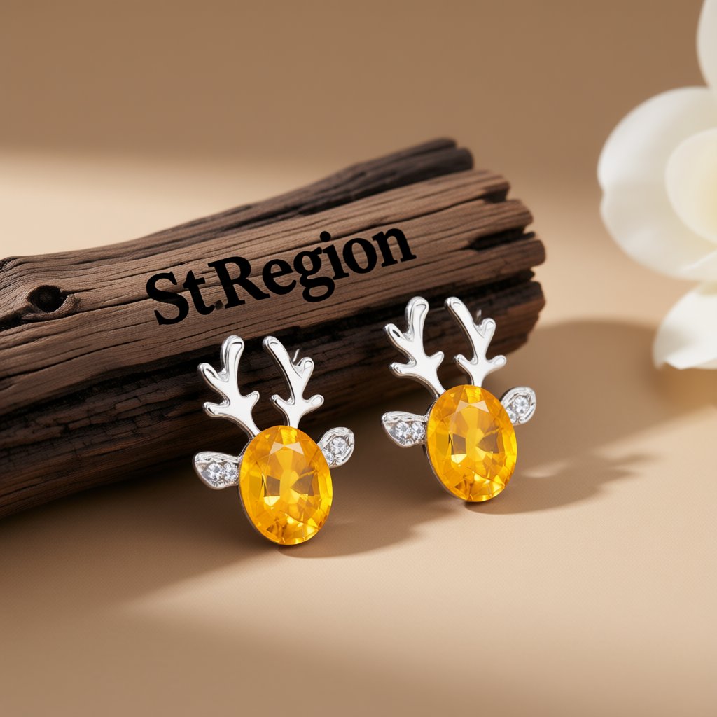 Yellow Crystal and Cubic Zirconia Reindeer Oval Stud Earrings, stud earrings for women, dainty minimalist design, front view