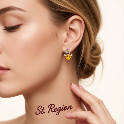Yellow Crystal and Cubic Zirconia Reindeer Oval Stud Earrings, stud earrings for women, dainty minimalist design, styled look