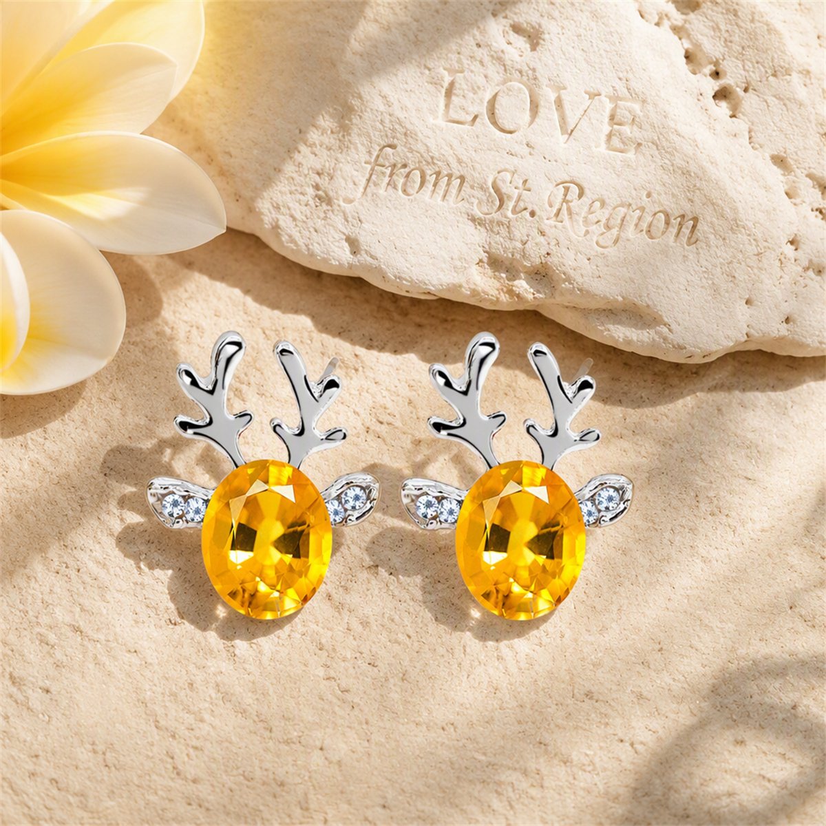 Yellow Crystal and Cubic Zirconia Reindeer Oval Stud Earrings, stud earrings for women, lifestyle look