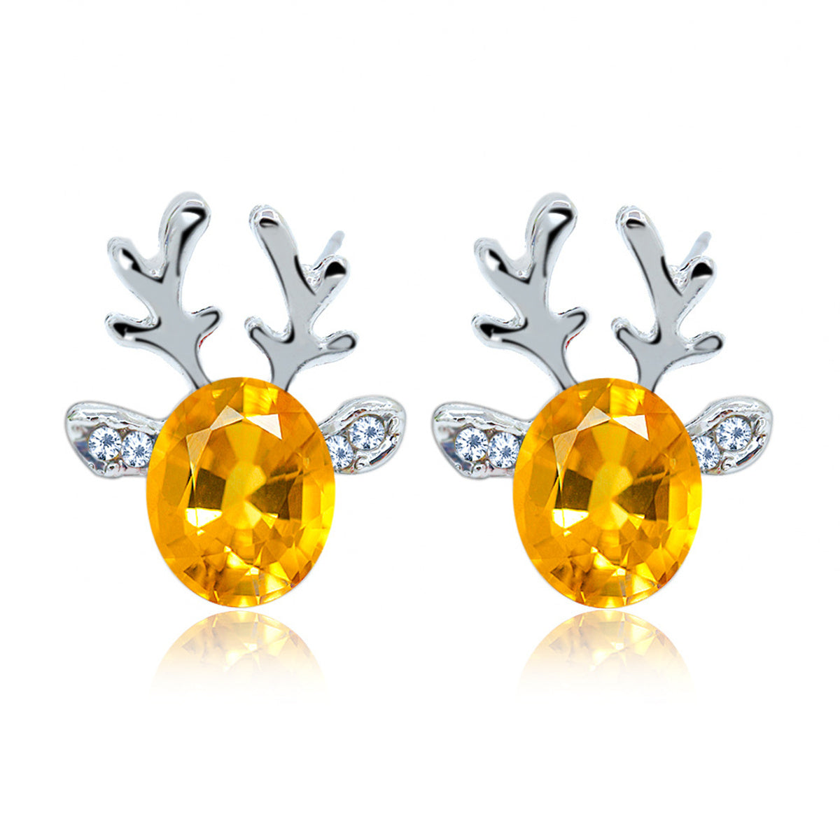 Yellow Crystal and Cubic Zirconia Reindeer Oval Stud Earrings, stud earrings for women, dainty minimalist design, side view