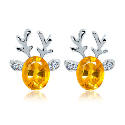 Yellow Crystal and Cubic Zirconia Reindeer Oval Stud Earrings, stud earrings for women, dainty minimalist design, side view