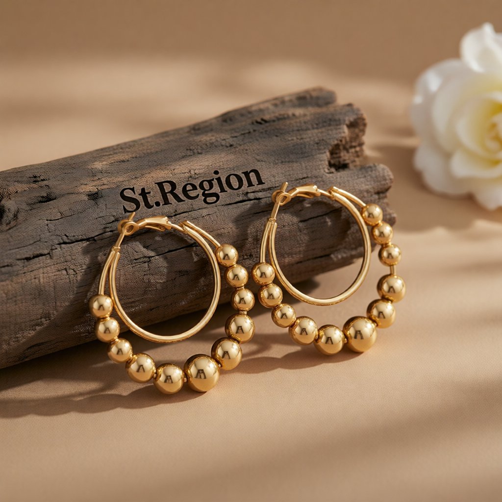18K Gold-Plated Beaded Layered Hoop Earrings, gold hoop earrings for women, botanical inspired, front view