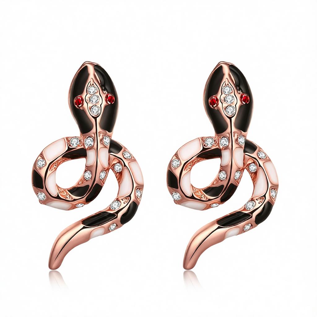Cubic Zirconia & Enamel 18K Rose Gold-Plated Snake Stud Earrings