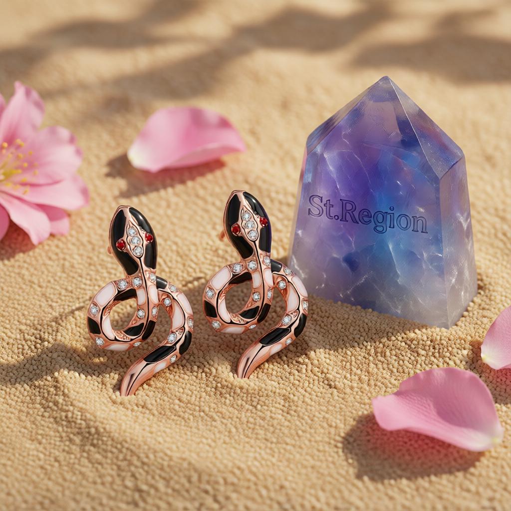 Cubic Zirconia & Enamel 18K Rose Gold-Plated Snake Stud Earrings