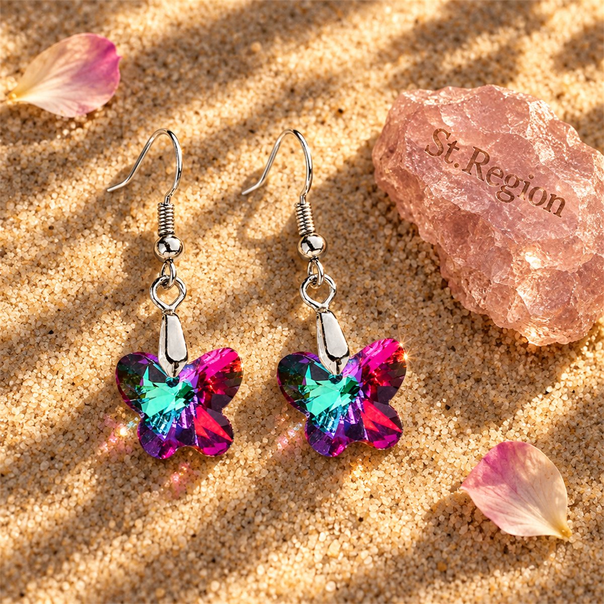 Green and Purple Crystal Butterfly Drop Earrings, drop earrings for women, elegant gift for her, detail close-up