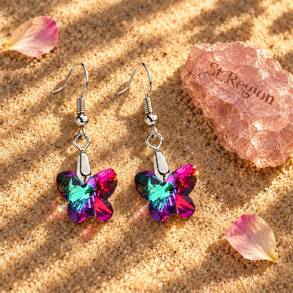 Green and Purple Crystal Butterfly Drop Earrings, drop earrings for women, elegant gift for her, detail close-up