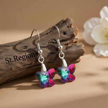Green and Purple Crystal Butterfly Drop Earrings, drop earrings for women, elegant gift for her, front view