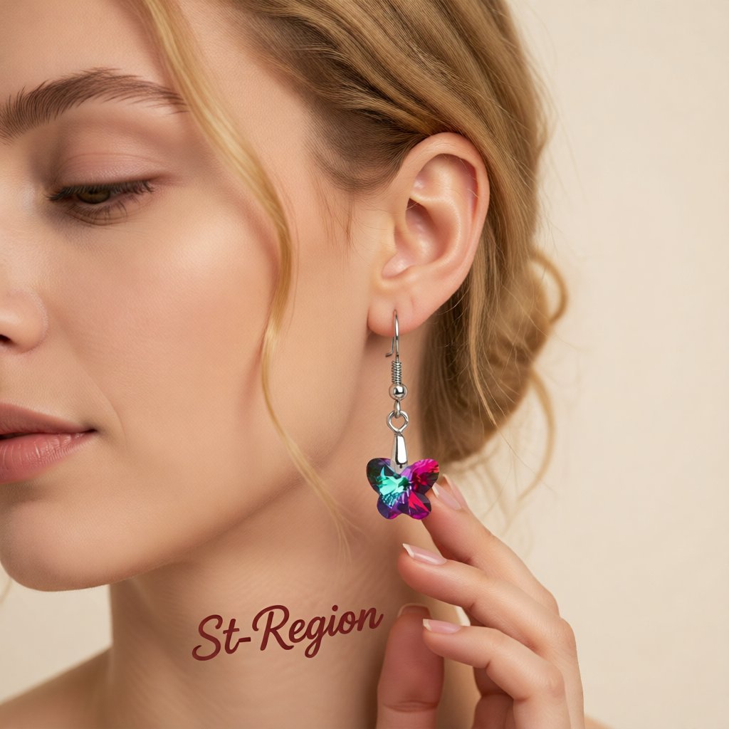 Green and Purple Crystal Butterfly Drop Earrings, drop earrings for women, elegant gift for her, styled look
