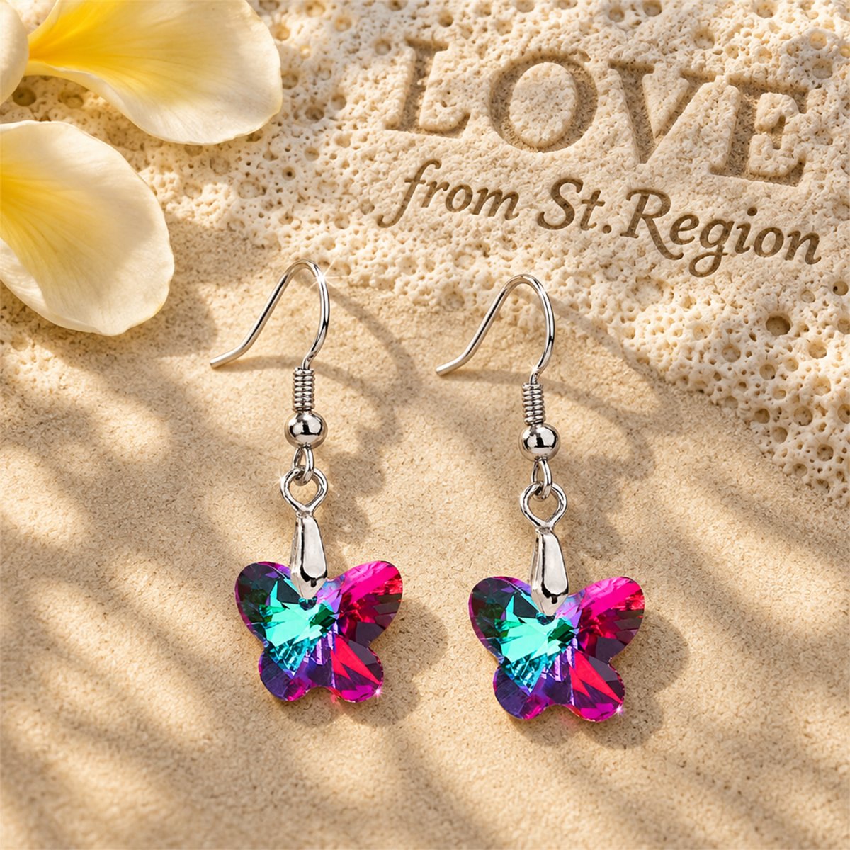 Green and Purple Crystal Butterfly Drop Earrings, drop earrings for women, elegant gift for her, lifestyle look