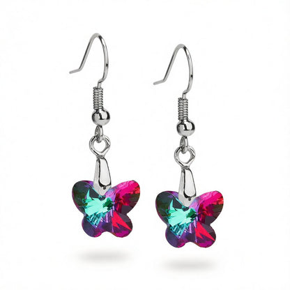 Green and Purple Crystal Butterfly Drop Earrings, drop earrings for women, elegant gift for her, side view