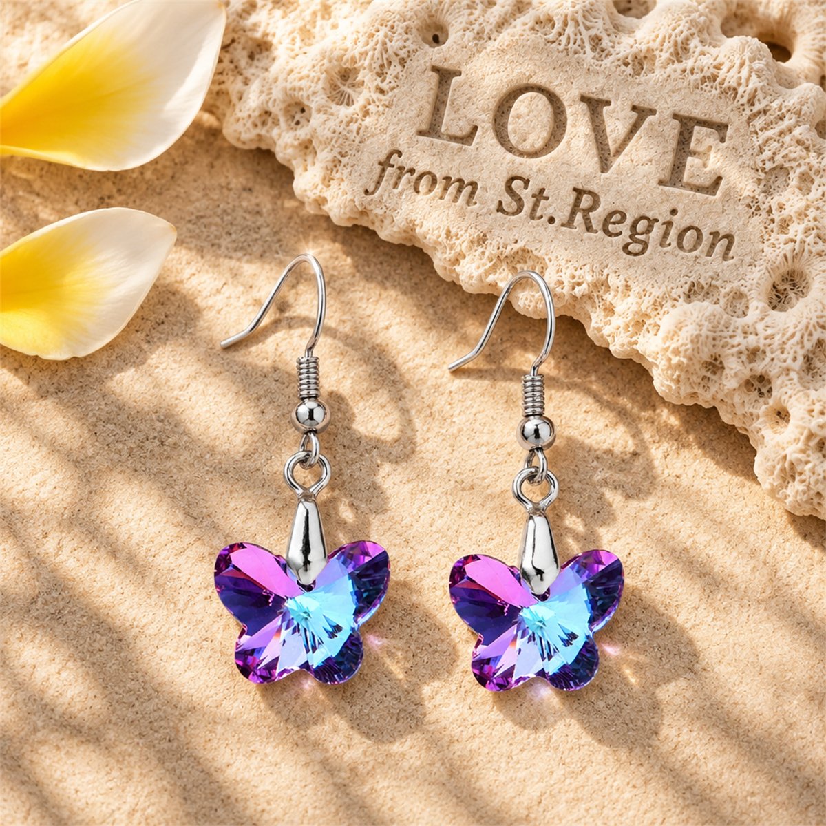 Pink and Purple Crystal Silver-Plated Butterfly Drop Earrings, silver drop earrings for women, lifestyle look