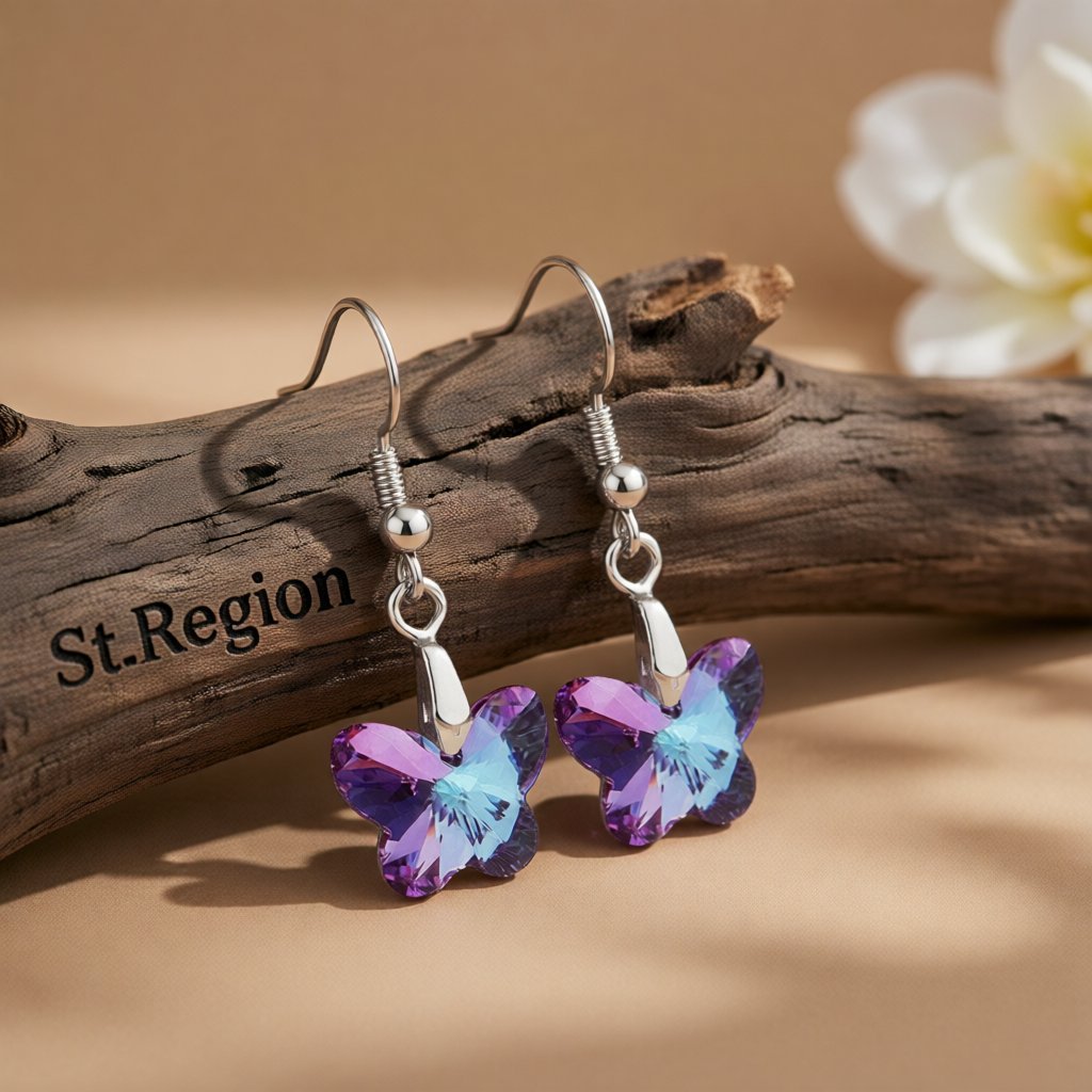 Pink and Purple Crystal Silver-Plated Butterfly Drop Earrings, silver drop earrings for women, botanical inspired, front view