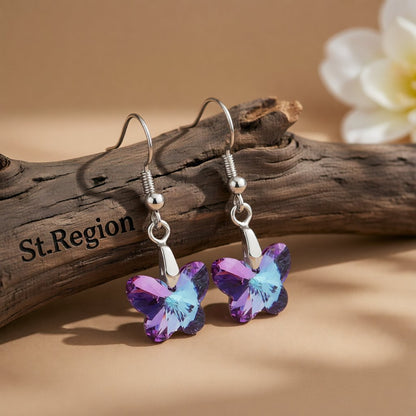 Pink and Purple Crystal Silver-Plated Butterfly Drop Earrings, silver drop earrings for women, botanical inspired, front view