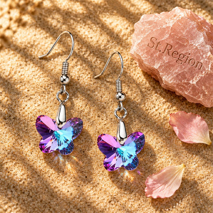 Pink and Purple Crystal Silver-Plated Butterfly Drop Earrings, silver drop earrings for women, detail close-up