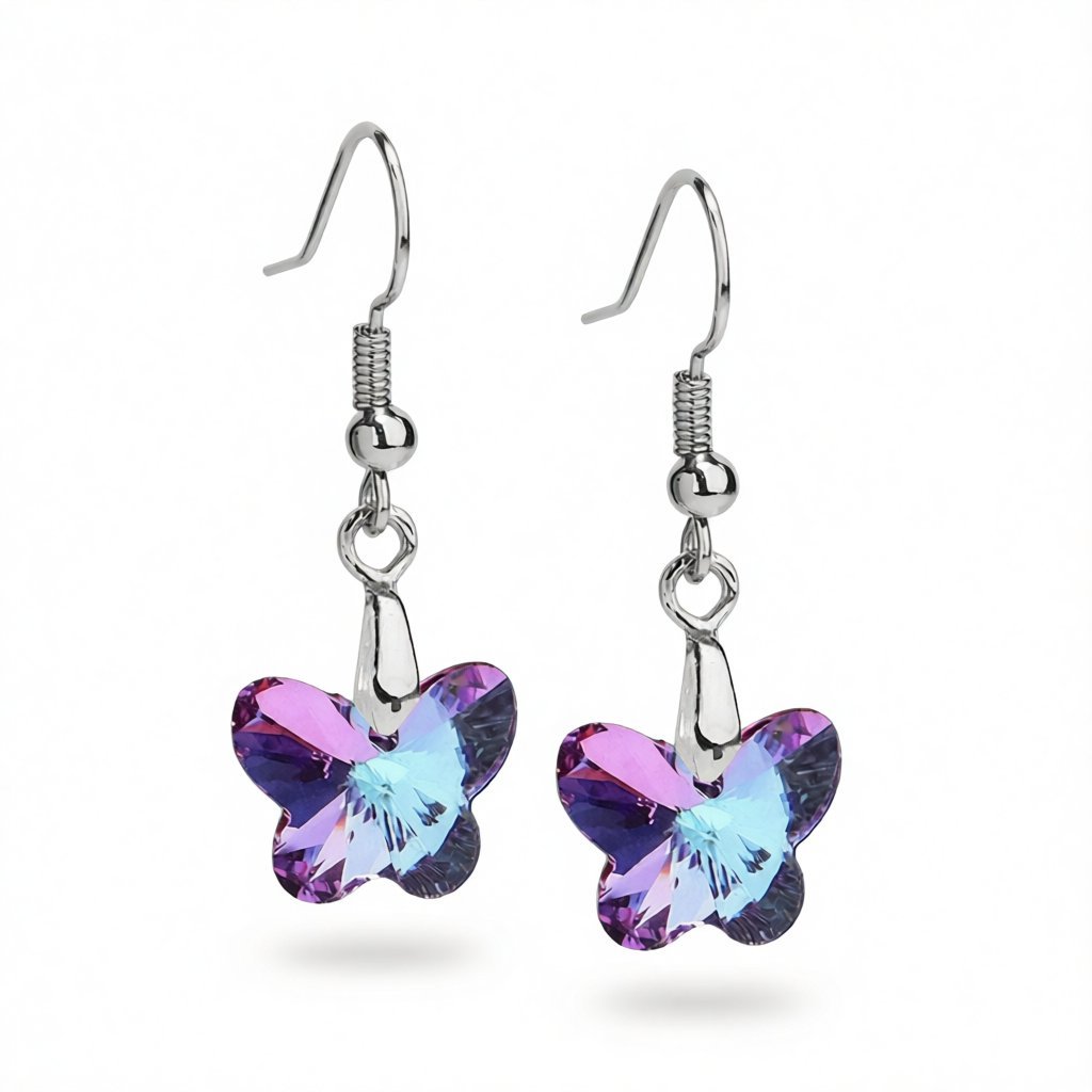 Pink and Purple Crystal Silver-Plated Butterfly Drop Earrings, silver drop earrings for women, botanical inspired, side view