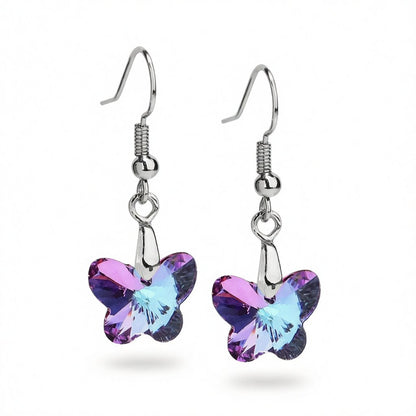 Pink and Purple Crystal Silver-Plated Butterfly Drop Earrings, silver drop earrings for women, botanical inspired, side view