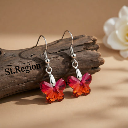 Red and Purple Crystal Ombré Butterfly Drop Earrings, drop earrings for women, dainty minimalist design, front view