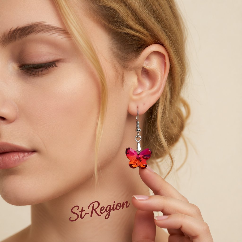 Red and Purple Crystal Ombré Butterfly Drop Earrings, drop earrings for women, dainty minimalist design, styled look
