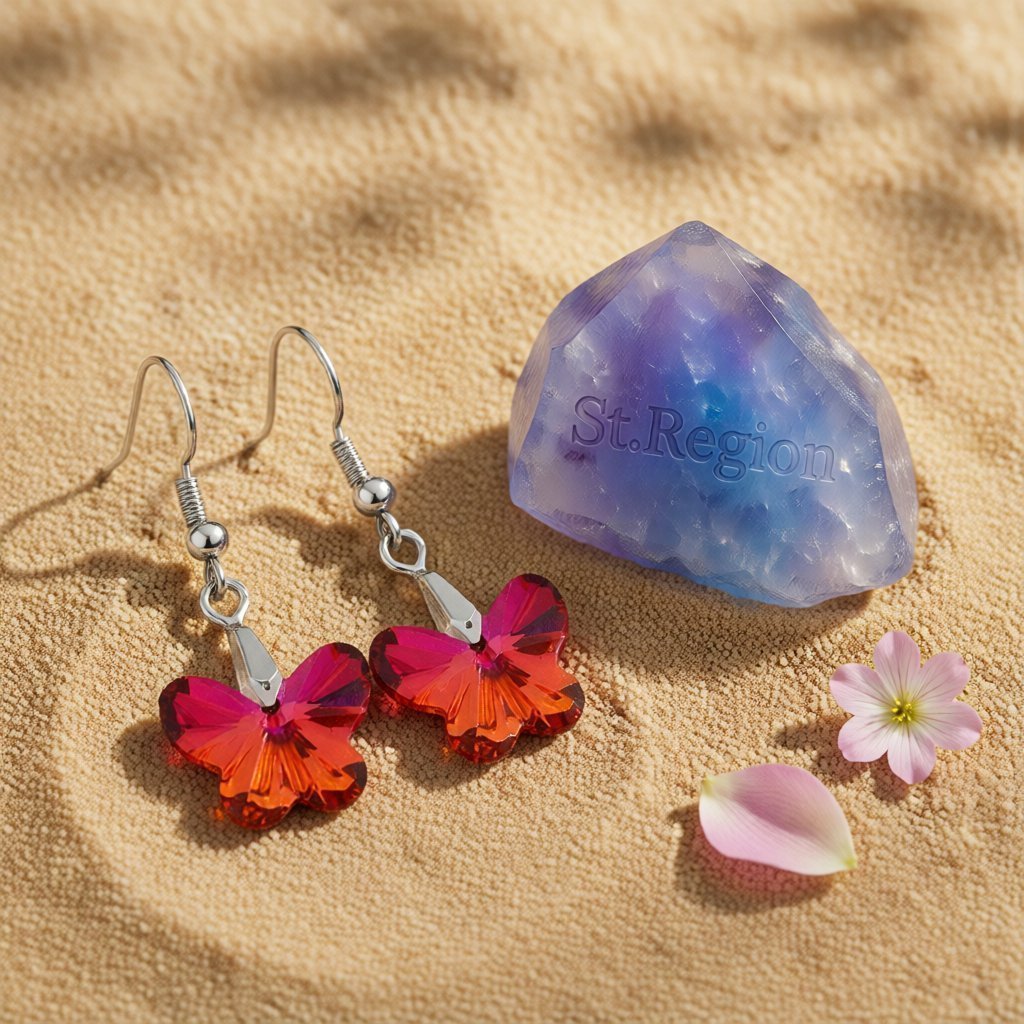 Red and Purple Crystal Ombré Butterfly Drop Earrings, drop earrings for women, dainty minimalist design, detail close-up