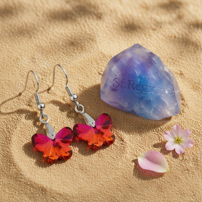 Red and Purple Crystal Ombré Butterfly Drop Earrings, drop earrings for women, dainty minimalist design, detail close-up