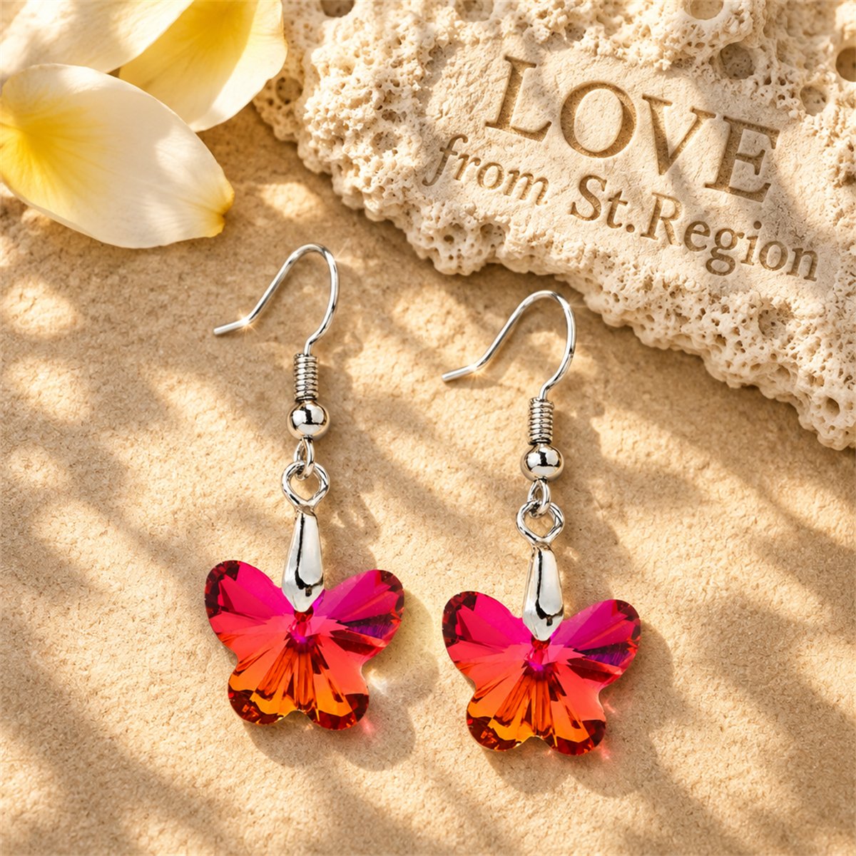 Red and Purple Crystal Ombré Butterfly Drop Earrings, drop earrings for women, dainty minimalist design, lifestyle look