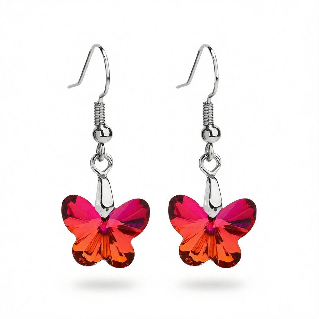 Red and Purple Crystal Ombré Butterfly Drop Earrings, drop earrings for women, dainty minimalist design, side view