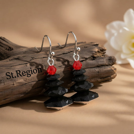 Black and Red Crystal Abstract Tree Drop Earrings, drop earrings for women, dainty minimalist design, front view