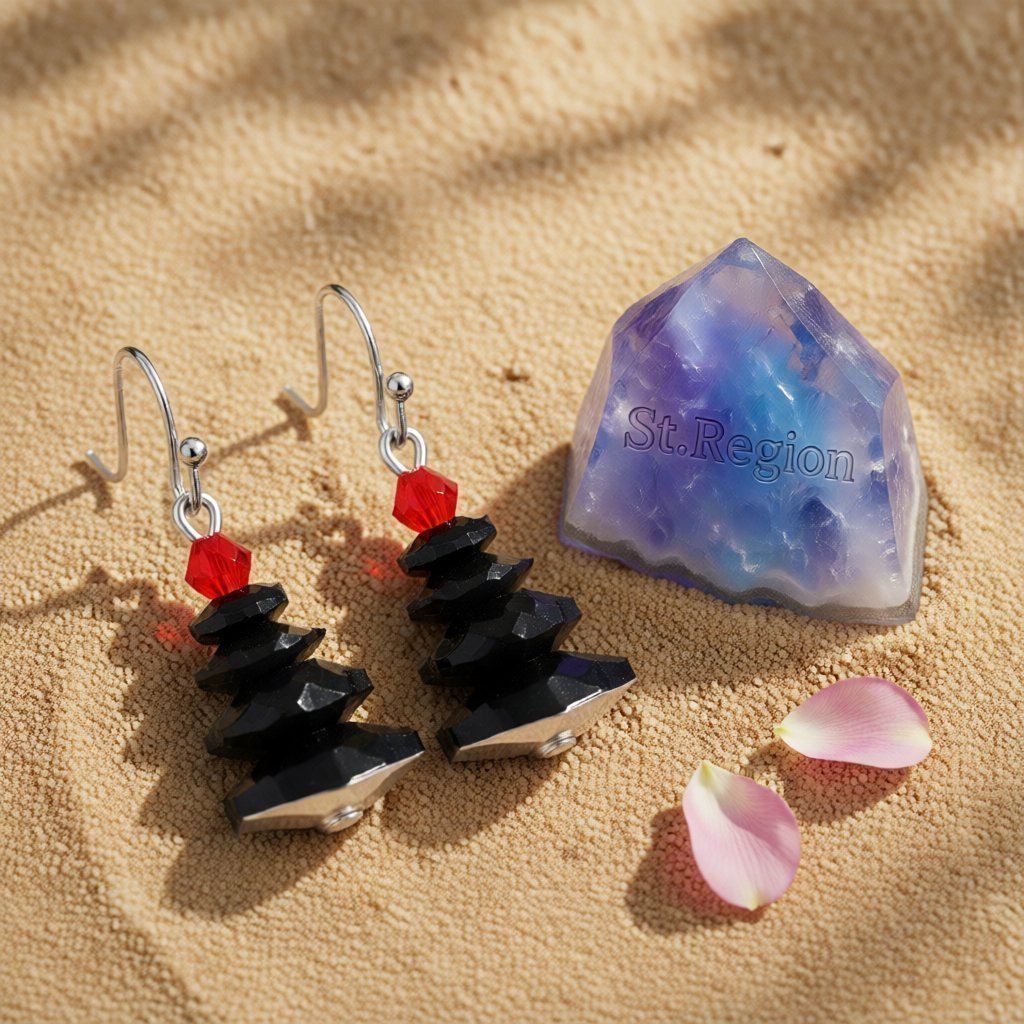 Black and Red Crystal Abstract Tree Drop Earrings, drop earrings for women, dainty minimalist design, detail close-up