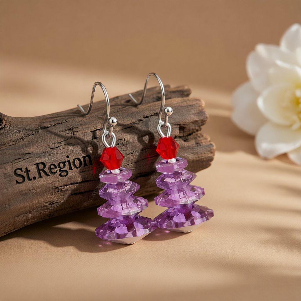 Purple Crystal and Silver-Plated Tree Drop Earrings, silver drop earrings for women, elegant gift for her, front view