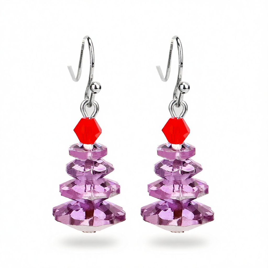 Purple Crystal and Silver-Plated Tree Drop Earrings, silver drop earrings for women, elegant gift for her, side view