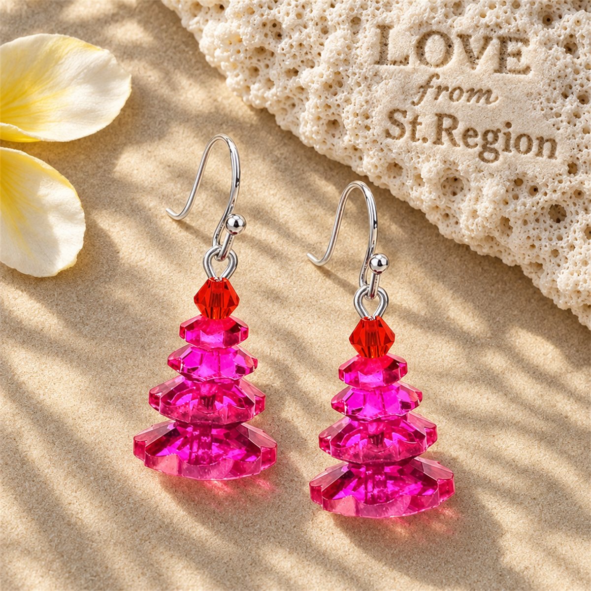 Rose Crystal and Red Stacked Festive Tree Drop Earrings, drop earrings for women, botanical inspired, lifestyle look