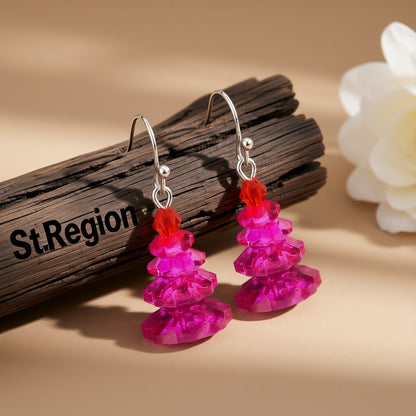 Rose Crystal and Red Stacked Festive Tree Drop Earrings, drop earrings for women, botanical inspired, front view