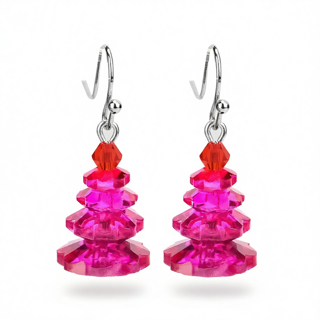 Rose Crystal and Red Stacked Festive Tree Drop Earrings, drop earrings for women, botanical inspired, side view