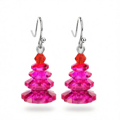 Rose Crystal and Red Stacked Festive Tree Drop Earrings, drop earrings for women, botanical inspired, side view