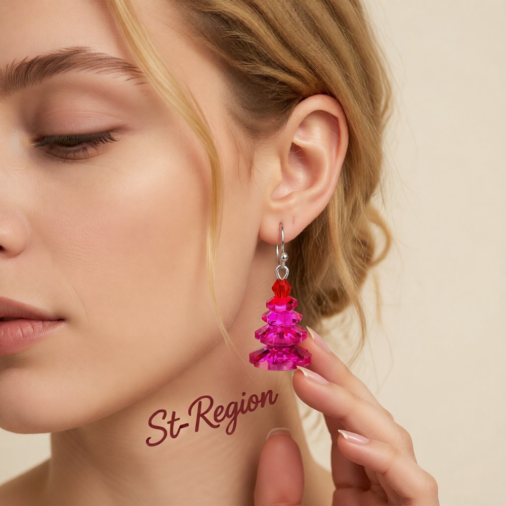 Rose Crystal and Red Stacked Festive Tree Drop Earrings, drop earrings for women, botanical inspired, styled look