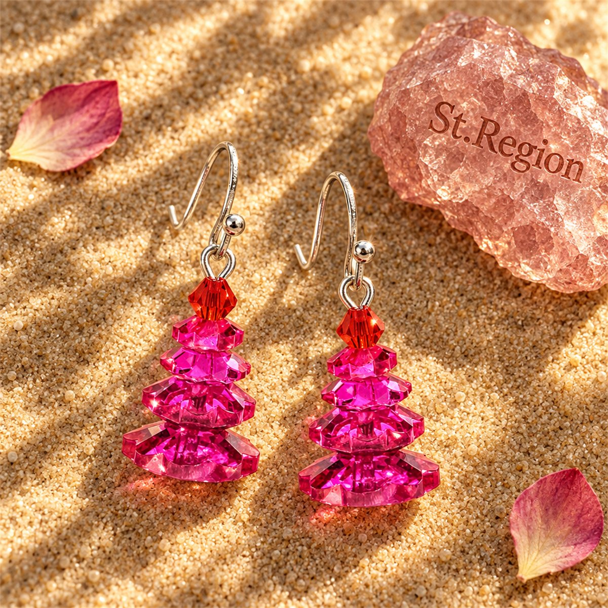 Rose Crystal and Red Stacked Festive Tree Drop Earrings, drop earrings for women, botanical inspired, detail close-up
