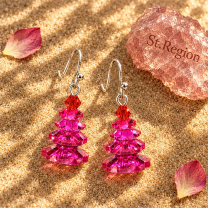 Rose Crystal and Red Stacked Festive Tree Drop Earrings, drop earrings for women, botanical inspired, detail close-up