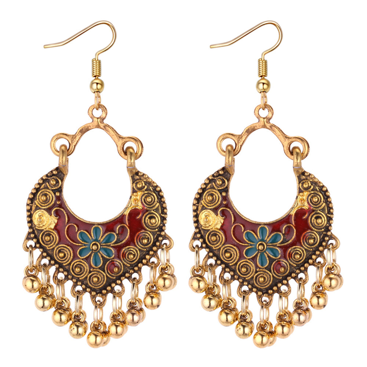 Red Enamel and 18K Gold Plated Ball-Detail Flower Drop Earrings, gold drop earrings for women, everyday style, front view