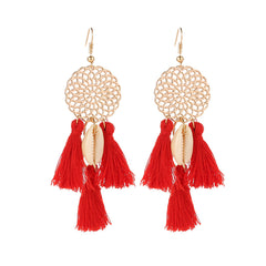 Red Polyster & Shell 18K Gold-Plated Cowrie Tassel Openwork Drop Earrings