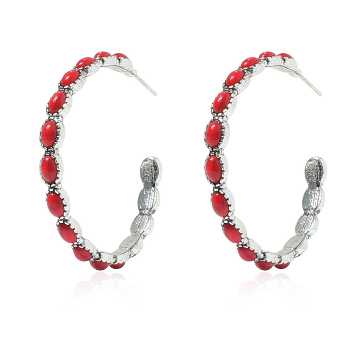 Red Turquoise & Silver-Plated Oval-Cut Hoop Earrings