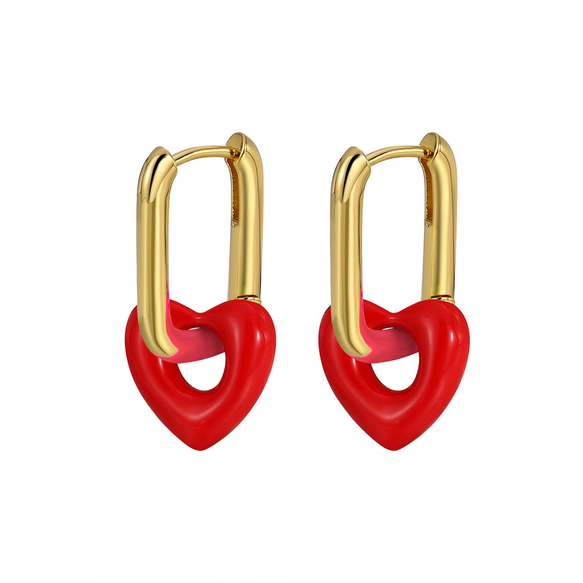 Red & 18K Gold-Plated Heart Huggie Earrings