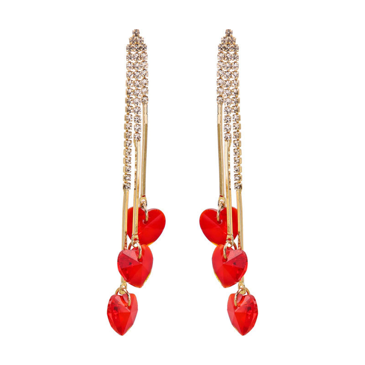 Red Crystal & Cubic Zirconia Heart Tassel Drop Earrings