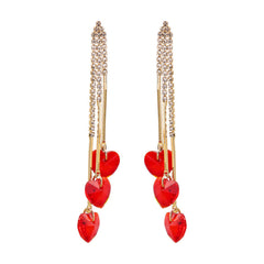 Red Crystal & Cubic Zirconia Heart Tassel Drop Earrings