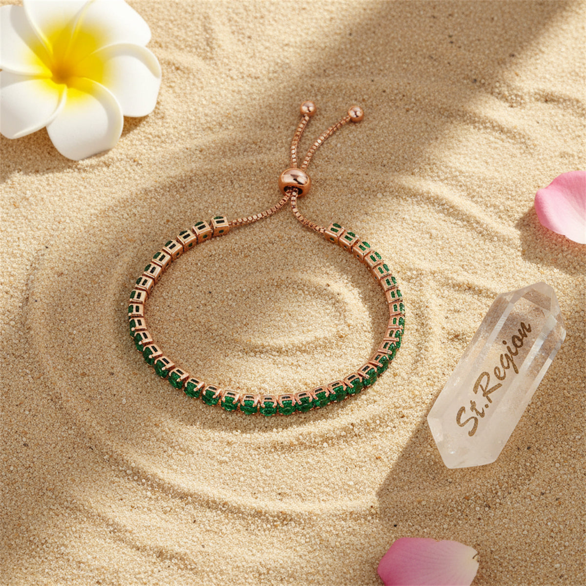 Green Cubic Zirconia & 18K Rose Gold-Plated Adjustable Link Bracelet