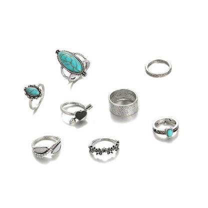 Turquoise and Cubic Zirconia Heart Ring Set, statement rings for women, vintage-inspired design, styled look