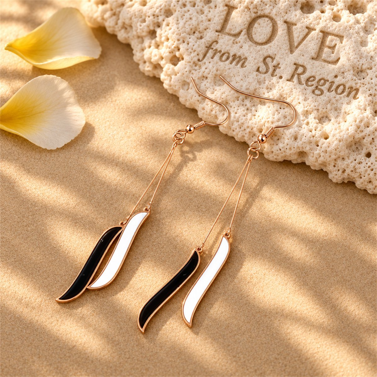Black and 18K Rose Gold-Plated Salix Leaf Drop Earrings, rose gold drop earrings for women, lifestyle look